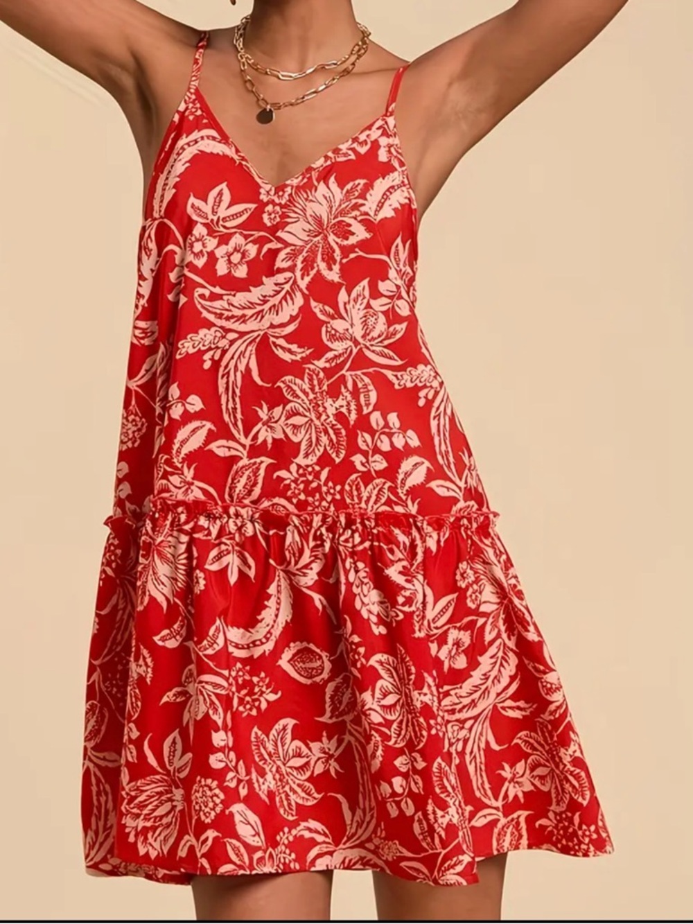 Red Floral V-Neck Spaghetti Strap Mini Dress